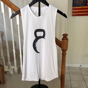 ZYIA White Active Tank with Black Logo Crescent Graphic